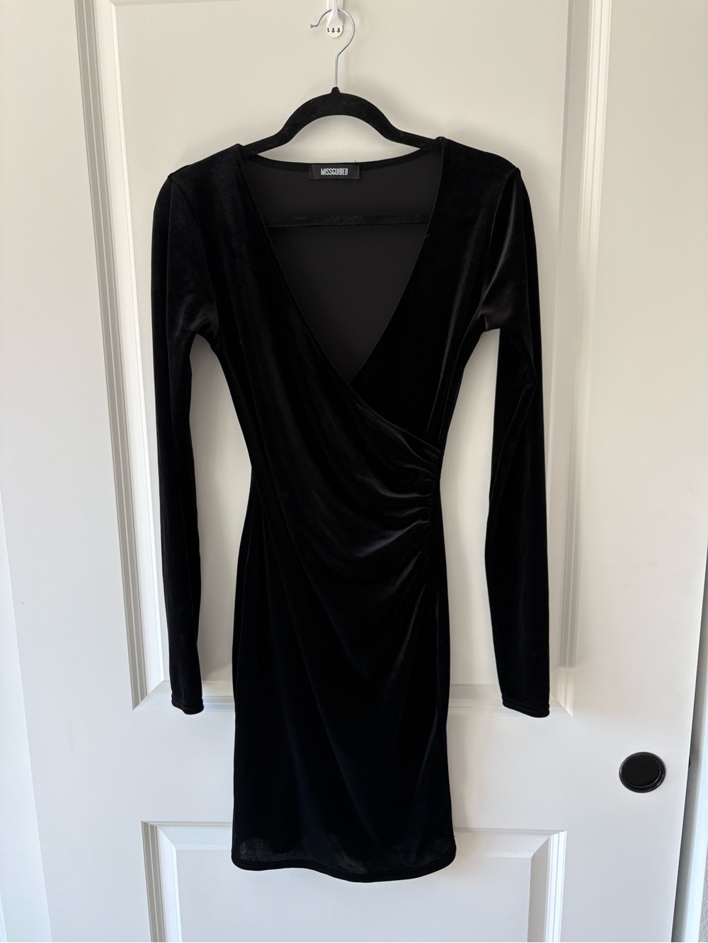 Missguided Black Velvet Wrap-Style Long Sleeve Mini Dress